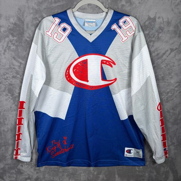 Vintage Champion Jersey Shirt Y2K King of Sweatshirts Blue Red Sz Medium - Picture 1 of 7